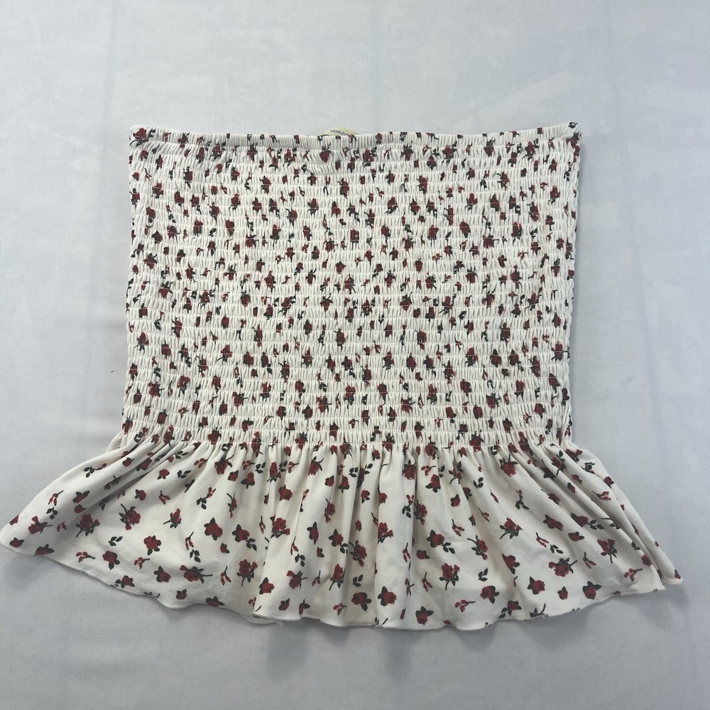 Wishful Park Women's M Ivory Red Floral Smocked Strapless Peplum Top